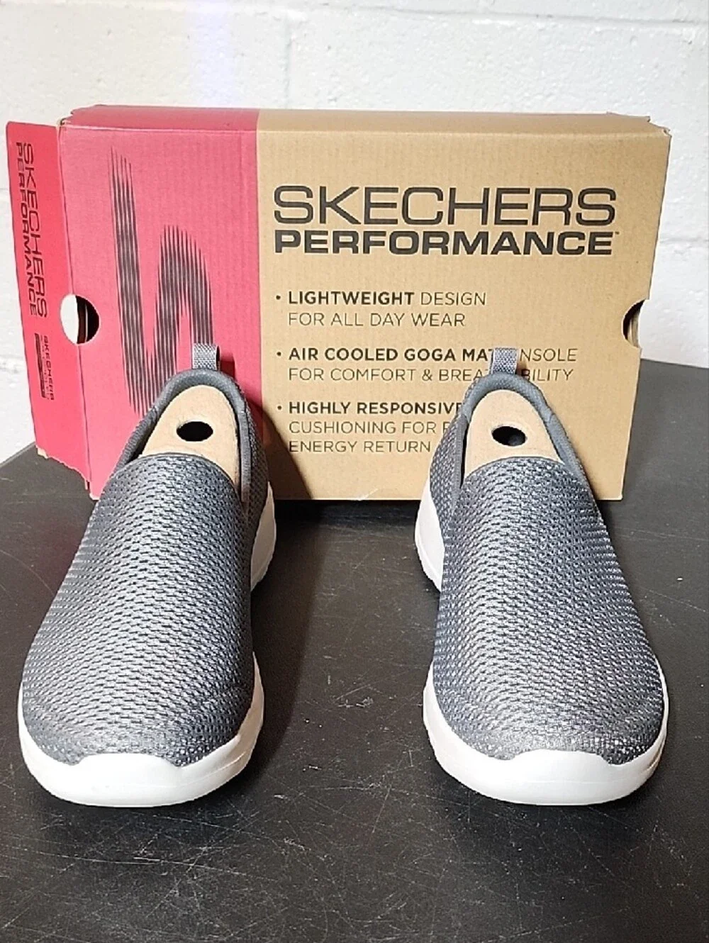 Skechers Men's Slip-On Knit Loafers in Dark Gray and White